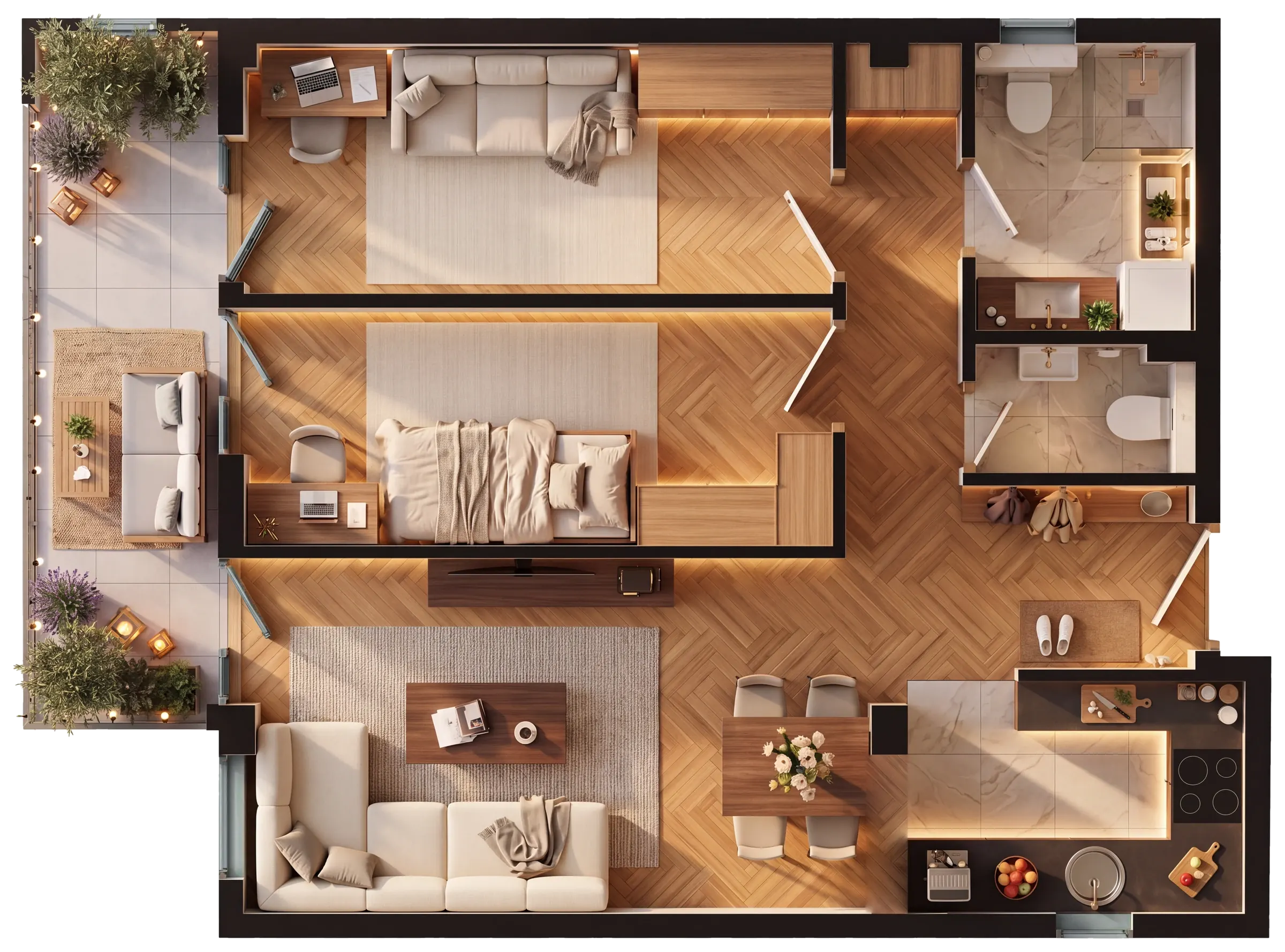 3D prikaz stana 5, dvosoban sa terasom